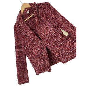 Chicos Womens Tweed Fringe Detail Blazer Jacket Size L Red/Pink RH10465